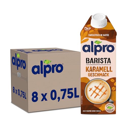 Alpro Barista Karamell – Zum Aufschäumen – Von Natur aus laktosefrei – Reich an Ballaststoffen, Calcium und Vitaminen – 8 x 750 ml – Haltbar von Alpro