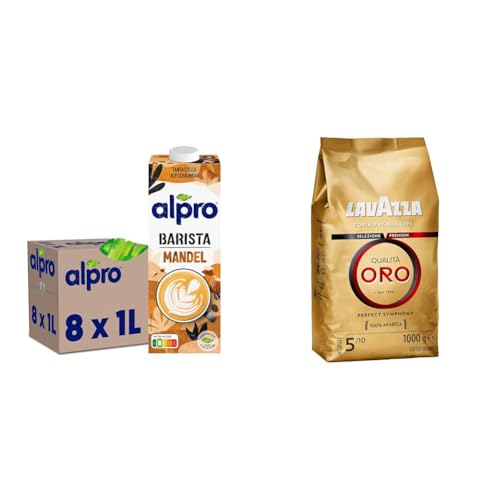 Alpro Barista Mandeldrink, UHT, 8x1L| reich an Ballaststoffen mit Lavazza, Qualità Oro, Kaffeebohnen, mit Aromanoten von Früchten und Blumen, Kaffeebohnen, Intensität 5/10, Mittlere Röstung, 1 kg von Alpro