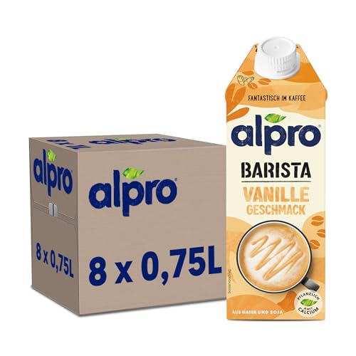 Alpro Barista Vanille – Zum Aufschäumen – Von Natur aus laktosefrei – Reich an Ballaststoffen, Calcium und Vitaminen – 8 x 750 ml – Haltbar von Alpro