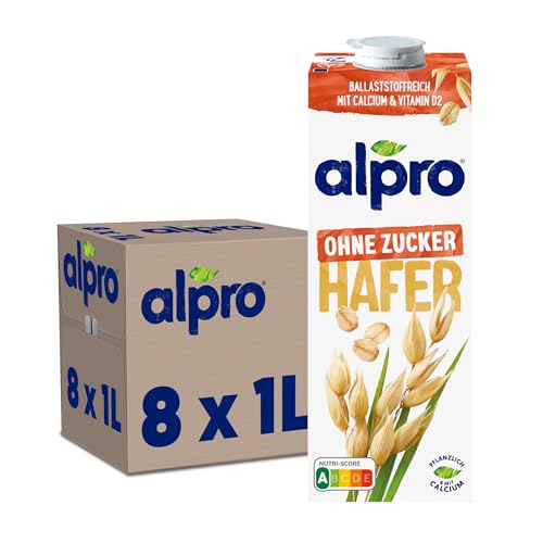 Alpro Haferdrink Ohne Zucker 8x1 L haltbar, vegan & laktosefrei, reich an Ballaststoffen, mit Calcium und Vitaminen von Alpro