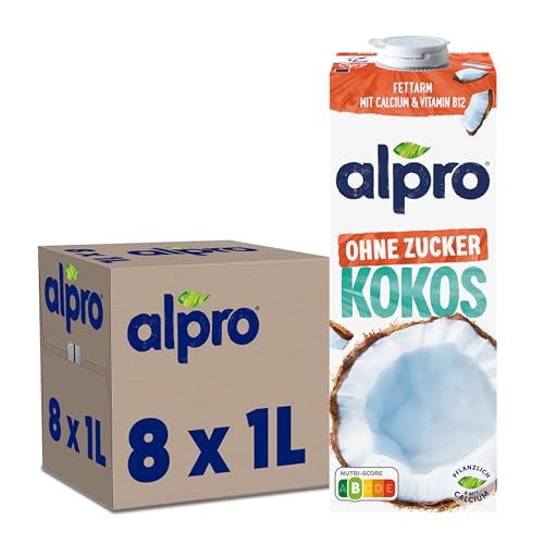 Alpro Kokosnussdrink ohne Zucker – Ohne Süßstoffe – Vegan und milchfrei – Von Natur aus laktosefrei und fettarm – Reich an Calcium und Vitaminen – 8 x 1 L von Alpro