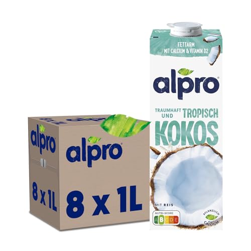 Alpro Kokosnussdrink mit Reis – Vegan, milchfrei, glutenfrei – Ohne Zuckerzusatz – Von Natur aus laktosefrei – Reich an Ballaststoffen, Calcium und Vitaminen– 8 x 1L – Haltbar von Alpro