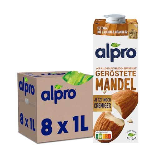 Alpro Mandeldrink Original – Geröstet – Quelle von Calcium und Vitaminen – Fett- und zuckerarm, ohne Laktose, vegan und milchfrei – 8 x 1 L – Haltbar von Alpro