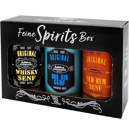 Altenburger Original Feine Spirits Box mit Whisky Senf (200 ml), Dry Gin Senf (200 ml) und Old Rum Senf (200 ml), Senf Mittelscharf von Altenburger Original