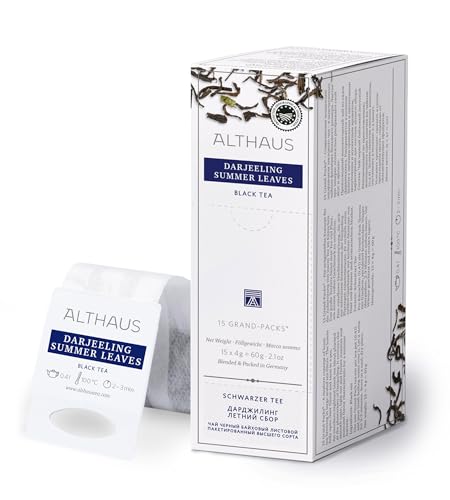 Althaus Tee DARJEELING SUMMER LEAVES ⋅ Schwarzer Tee im großen Teenetz ⋅ GRAND PACK ⋅ Leichter Schwarztee aus den Teegärten Darjeelings ⋅ 15 x 4g von Althaus