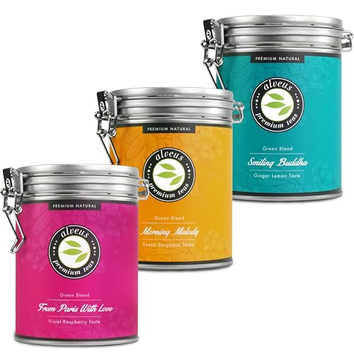 Alveus Premium Tee Set 3x 100g (Dose) - Morning Melody, Smiling Buddha & From Paris with Love – Grüner Tee Lose – Aromatisierte Kräutertee Mischung perfekt für Entspannung & Genuss – ca. 120 Tassen von Alveus