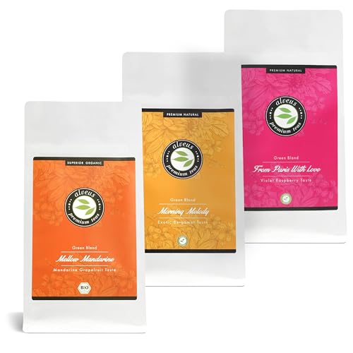 Alveus Premium Tee Set 3x 100g (Tüte) - Mellow Mandarine, Morning Melody & From Paris with Love – Grüner Tee Lose – Aromatisierte Kräutertee Mischung perfekt für Entspannung & Genuss – ca. 120 Tassen von Alveus