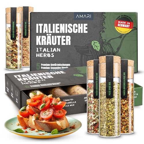 AMARI® Italienische Kräuter Gewürze Set – 5 erlesene Gewürzmischungen Geschenkset – Gewürze Italien Pasta Pizza Grill Gewürzset Grillgewürze grillen Gewürzbox von Amari