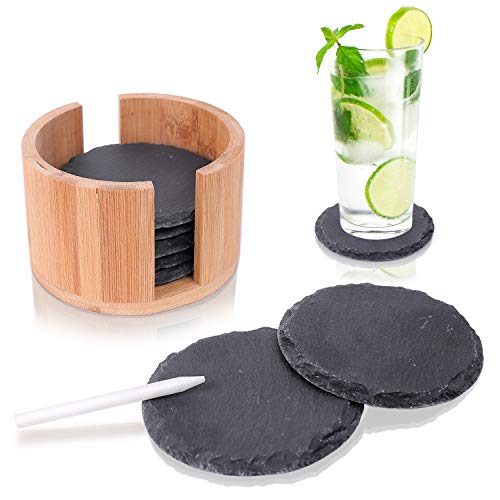 Amazy Schiefer Untersetzer Set (8 Stück) inkl. Kreidestift - Dekorative Glasuntersetzer aus 100% Natur Schieferplatten mit praktischem Halter aus edlem Bambus - Tolle Geschenkidee (rund | Ø 10 cm) von Amazy