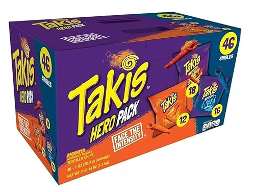 AmericanBrands Takis Hero Pack Chips MIX ORIGINAL (Pack von 46 x 28,4g) - TAKIS Fuego x18, Blue Heat x16, Intense Nacho x12 - Intensiver Geschmack, Ideal für Partys von AmericanBrands