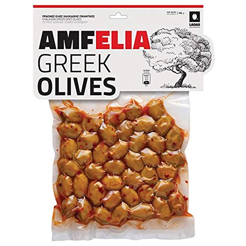 Amfelia grüne scharfe pikante Chalkidiki Oliven vakuumiert 350 g eingelegt mit Chili Anit-Pasti von Amfelia