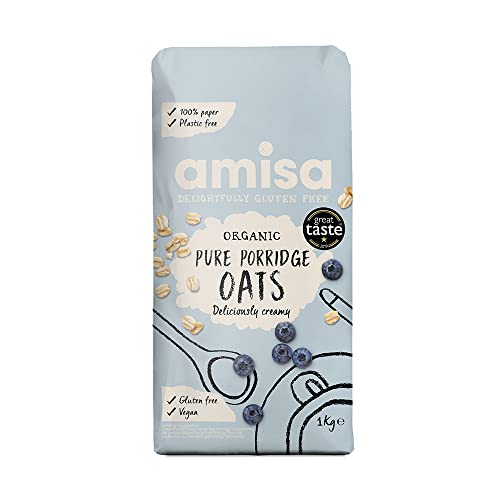 Amisa - Bio-Haferflocken ohne Gluten (4 x 1 kg), reine Vollkornhaferflocken, glutenfreie Frühstückscerealien, ballaststoffreich und natürlich vegan, 100% nachhaltig, plastikfreie Papierverpackung von Amisa