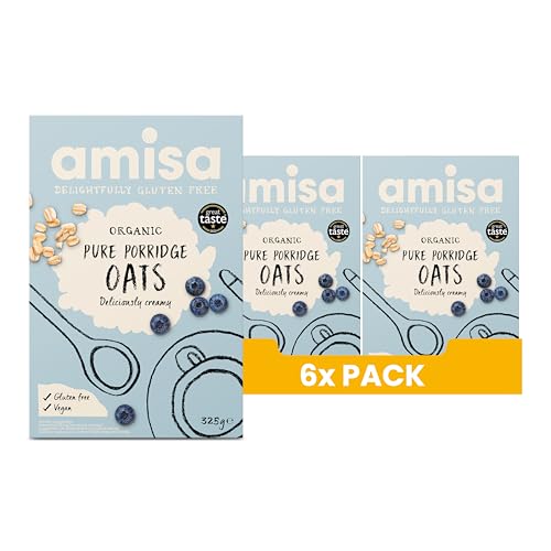 Amisa - Bio-Haferflocken ohne Gluten (6 x 325 g), reine Vollkornhaferflocken, glutenfreie Frühstückscerealien, ballaststoffreich und natürlich vegan von Amisa