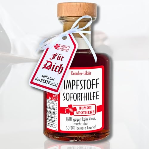 0,2L Apothekerflasche - Kleiner Impfstoff Sofort Hilfe - 33% vol. Kräuterlikör aus der Humorapotheke mit Arztrezept | Humor Apotheke Spaßmedizin Scherzartikel Humormedizin | Mit Geschenkverpackung von AV Andrea Verlag