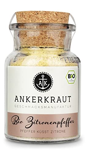 Ankerkraut BIO Zitronenpfeffer, sommerlicher Frische-Kick, 85 g im Korkenglas, spritzige Zitrone mit Pfeffer in Bio-Qualität, für Fleisch Fisch Gemüse zum Kochen von Ankerkraut