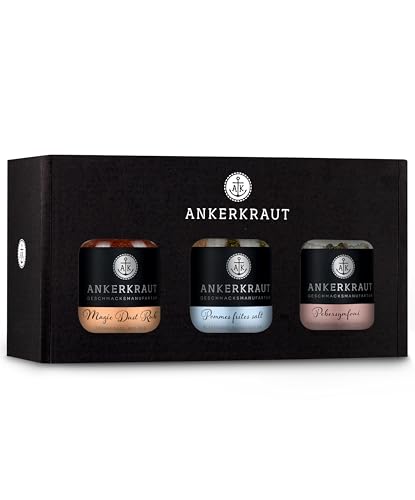 Ankerkraut Best of krydderiboks, 3 lækre krydderi i en boks, indeholder vores best of krydderier Magic dusr rub, Pommes frites salt og Pebersymfoni, perfekt til at give i gave von Ankerkraut