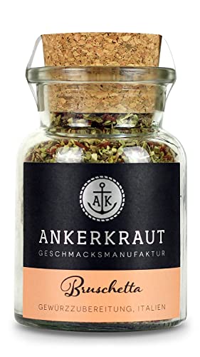 Ankerkraut Bruschetta, Gewürz-Zubereitung für Tomaten, für den Klassiker con pomodoro e basilico, mit Öl und Brot servieren, mit Knoblauch Oregano, zuckerfrei, 55 g im Korkenglas von Ankerkraut