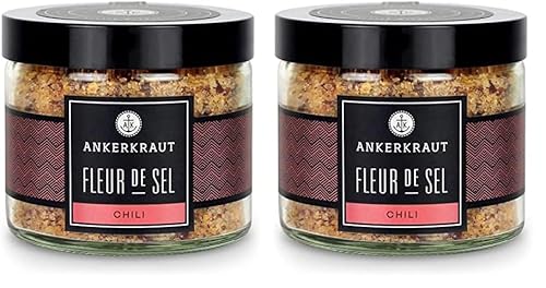 Ankerkraut Fleur de Sel mit Chili, 150g im Tiegel, Premium-Salz mit Spitzen-Qualität, Geschrotete Chili Leichte Schärfe für Fleisch Gemüse BBQ (Packung mit 2) von Ankerkraut