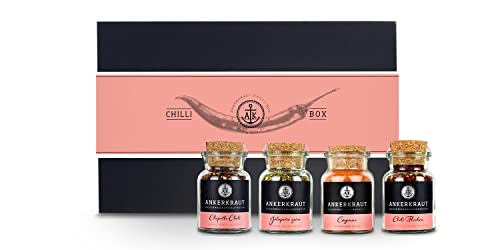 Ankerkraut Geschenk-Set Chili, mit Chipotle Chili, Chili Flocken, Grüne Jalapeño und Cayennepfeffer im Korkenglas, Mix aus scharfen Zutaten, Gewürze in hochwertiger Deluxe-Box mit Banderole von Ankerkraut