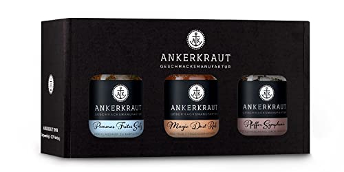 Ankerkraut Geschenkset Best Of Ankerkraut, mit Pommes Salz, Magic Dust BBQ Rub und Pfeffer Symphonie, drei Gewürzgläser im Sichtfenster Karton von Ankerkraut