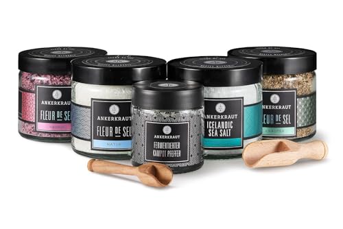 Ankerkraut Gourmet-Set, mit Fleur de Sel natur, Kräuter und Hibiskus, fermentierter Pfeffer und Icelandic Sea Salt im Tiegel, 625 g Salz und Pfeffer plus 2x Gewürz-Löffel aus Holz im Set von Ankerkraut