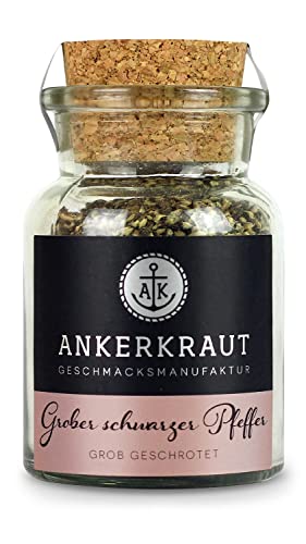 Ankerkraut Grober schwarzer Pfeffer, Pfeffer zum Kochen und Grillen oder mit Olivenöl auf Baguette, Pfefferkörner schwarz, Pfeffer für Mühle, 70 g im Korkenglas von Ankerkraut