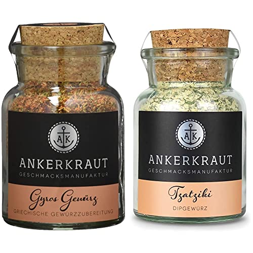 Ankerkraut Gyros Gewürz, 80g im Korkenglas & Tzatziki, griechische Dip-Gewürzmischung für Mezedes, Kartoffelspalten, Brot, Gyros und Souvlaki, 100g im Korkenglas von Ankerkraut