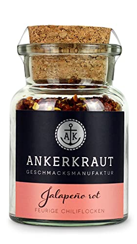 Ankerkraut Rote Jalapeño, Rotes Scharfes Chili Gewürz, geschrotete Chilis, Rauchiges Aroma, Scharf Essen, Feurige Flocken zum Würzen, 55 g im Korkenglas von Ankerkraut