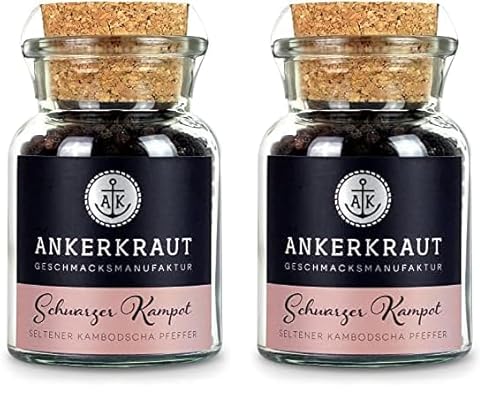 Ankerkraut Schwarzer Kampot Pfeffer, fruchtig-scharf, ganze Körner, aus Kambodscha, 80g im Korkenglas (Packung mit 2) von Ankerkraut