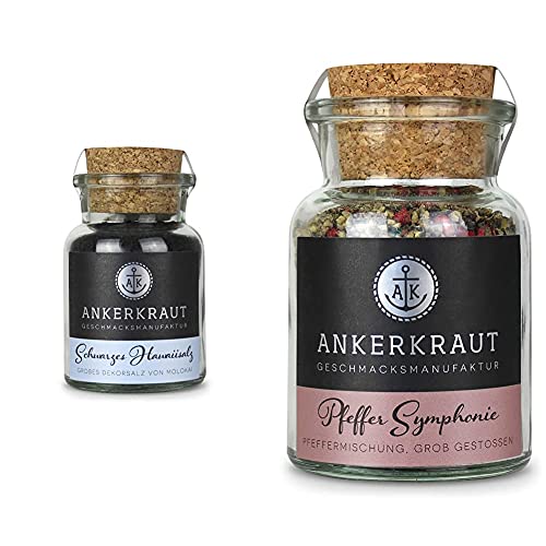 Ankerkraut Schwarzes Hawaiisalz, 165g im Korkenglas, grobes Hawaiianisches Meersalz & Pfeffer Symphonie, 70g im Korkenglas, Pfeffermischung grob gestoßen, veredelt mit Rosa Beeren und Piment von Ankerkraut