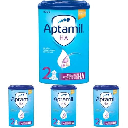 Aptamil HA 2 – Anschlussnahrung nach dem 6. Monat, Mit Omega 3 & 6, DHA, ARA & ALA, Nur Laktose, Ohne Palmöl, Babynahrung, Milchpulver, 1x 800g (Packung mit 4) von Aptamil