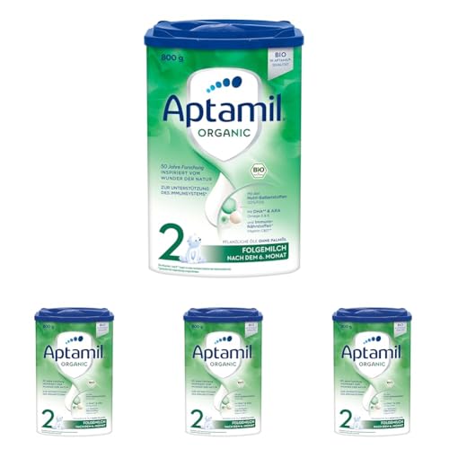 Aptamil Organic 2 – Bio Folgemilch nach dem 6. Monat, Mit Omega 3, DHA & ALA, Ohne Palmöl, Babynahrung, Milchpulver, 1x 800 g (Packung mit 4) von Aptamil