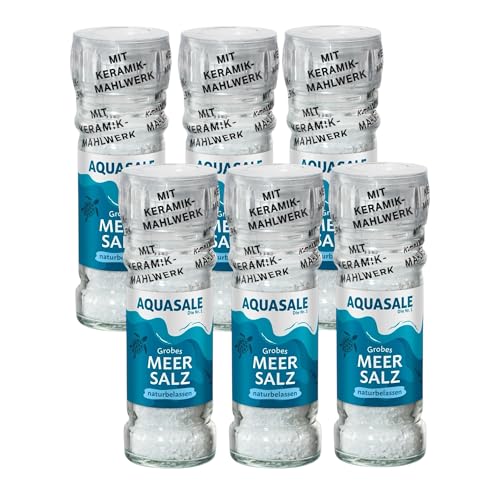 Aquasale Grobes Meersalz Salz-Mühle 6x100g naturbelassen | Meersalzkristalle in der Glasmühle mit Keramikmahlwerk Vorratsverpackung Großverpackung von Aquasale