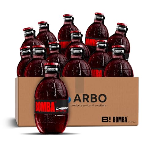 Bomba Energy Drink Cherry (Kirsche) 12x 250ml - Erfrischungsgetränk in Stilvoller Glasflasche im 12er Pack + ArBo-Living Sticker von ArBo-Living