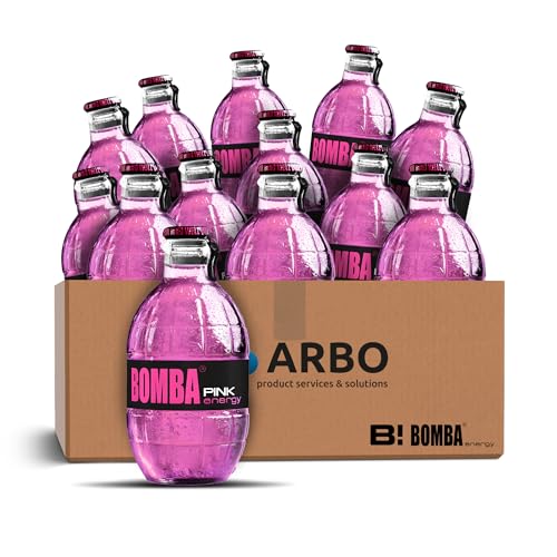 Bomba Energy Drink Pink (Grapefruit) 12x 250ml - Erfrischungsgetränk in Stilvoller Glasflasche im 12er Pack + ArBo-Living Sticker von ArBo-Living