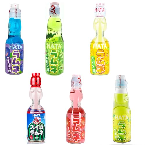 Ramune Hata 200ml 6er Pack - Erdbeere, Melone, Ananas, Zitrone, Blaubeere, Wassermelone - Japan Softdrink mit Geschmacks-Kugel - Glasflasche - ArBo-Living Quality von ArBo-Living