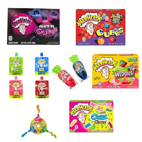 Warheads Family Box - US Süßigkeiten-Box 1x Galactic Cubes 99g, 1x Chewy Cubes 113g, 1x Ooze 99g, 1x Wedgies 99g, 4x Attack Gel 20g, 2x Tongue Splash 40g, 1x Wheel - ArBo-Living Quality von ArBo-Living