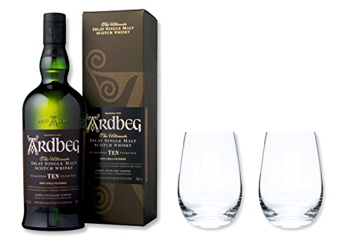 Ardbeg Whisky Single Malt Scotch 10 Jahre 46% 0,7 im Set mit 2 Tumbler Gläser von Ardbeg