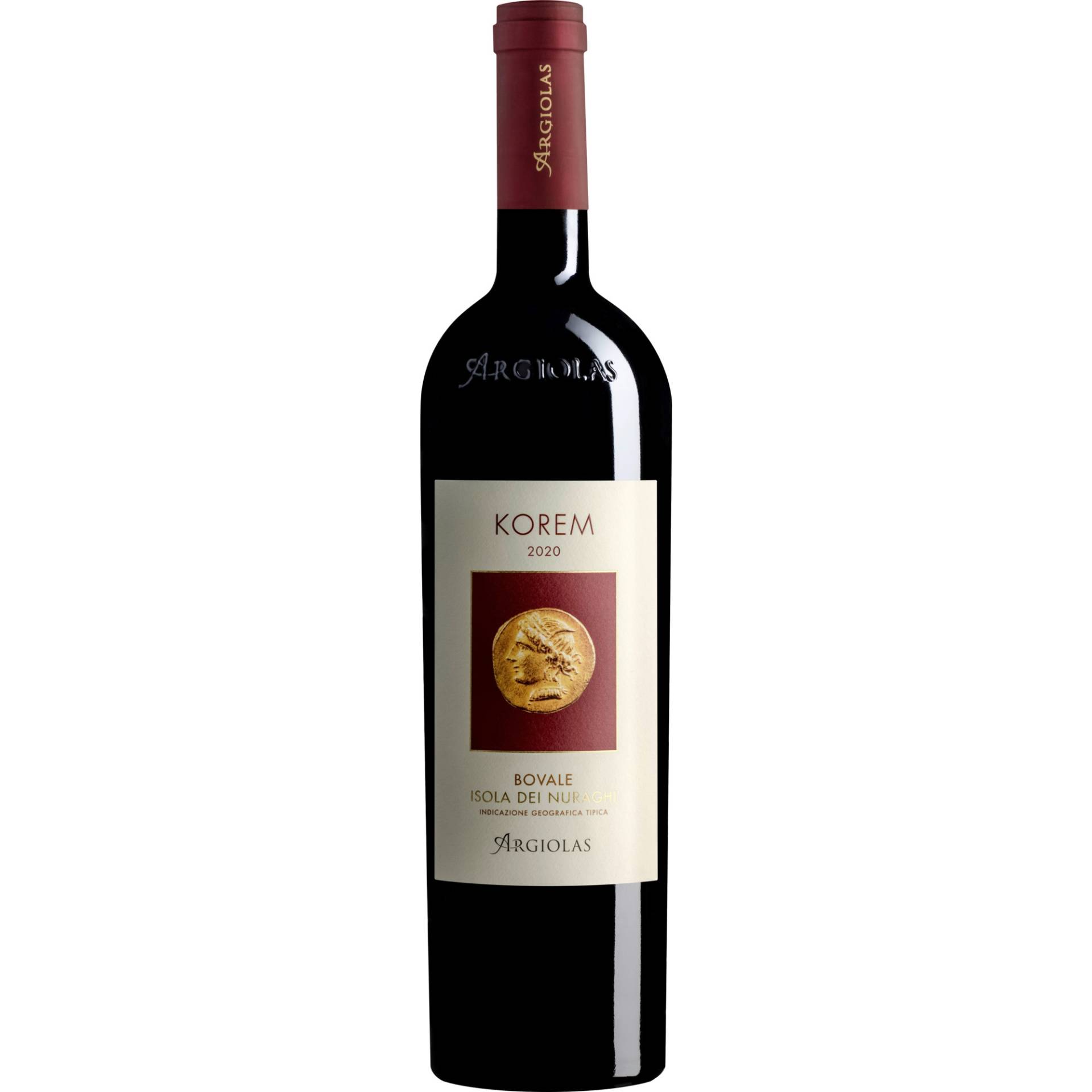 Argiolas Korem Isola Rosso, Isola dei Nuraghi IGP, Sardinien, 2020, Rotwein von Argiolas Spa, Serdiana (CA), Via Roma 56/58