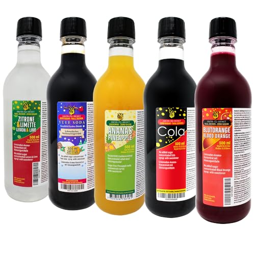 5er-Pack Aromhuset-Limonadenkonzentrat - Cola, Blutorangen, Julmust Yule Soda, Zitrone-Limette och Ananas von Aromhuset