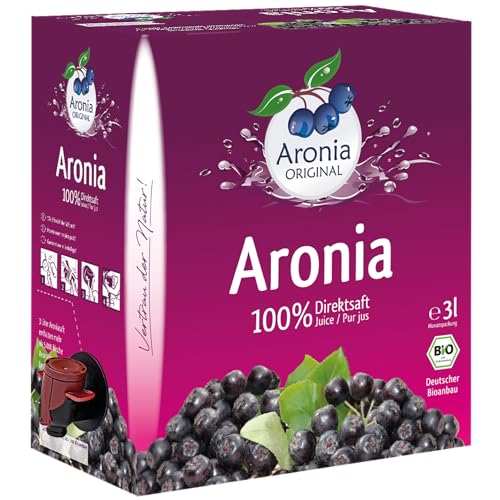 Aronia ORIGINAL Bio Aroniasaft aus deutschem Anbau | 3 Liter Bio Direktsaft aus 100% Aroniabeeren | Vegan, ohne Konservierungsstoffe, ohne Zuckerzusatz (lt. Gesetz) von Aronia Original