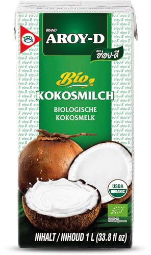 Aroy-D Bio Kokosnussmilch – Kokosmilch zum Kochen und Backen – Ideal für Desserts, Suppen, Smoothies und Cocktails – 1 x 1 l (Packung mit 6) von Aroy-D