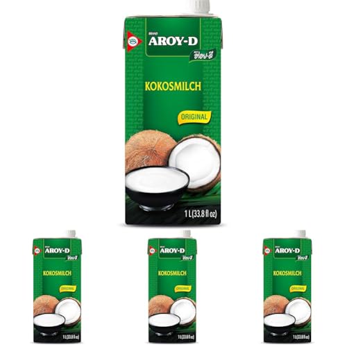 Aroy-D Kokosnussmilch – Kokosmilch zum Kochen und Backen – Ideal für Desserts, Suppen, Smoothies und Cocktails – 1 x 1 l (Packung mit 4) von Aroy-D