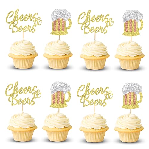 Arthsdite 24 Stück Cheers Bierkrug Cupcake Topper Bier Kuchen Topper Dekorationen Prost Bier Festival Feier Geburtstag Party Supplies – Gold Glitzer von Arthsdite