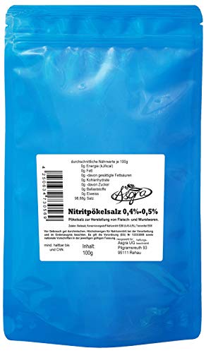 Nitritpökelsalz 0,4-0,5% - Pökelsalz zur Herstellung von Fleisch- und Wurstwaren - E250 - im Beutel mit praktischem ZIP-Verschluß - von Asgra (100g) von Duuous