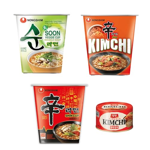 NONGSHIM- Instant Nudeln Cup Kimchi Ramyun, Shin Ramyun und Soon Veggie-Koreanische authentische Cup Suppe-optional mit echten Kimchi (mit Dongwon Kimchi, Scharfe Shin Ramyun + Veggie + Kimchi) von Asian Box