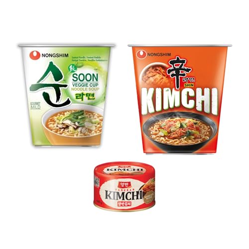 NONGSHIM- Instant Nudeln Cup Kimchi Ramyun, Shin Ramyun und Soon Veggie-Koreanische authentische Cup Suppe-optional mit echten Kimchi (mit Dongwon Kimchi, Veggie + Kimchi) von Asian Box