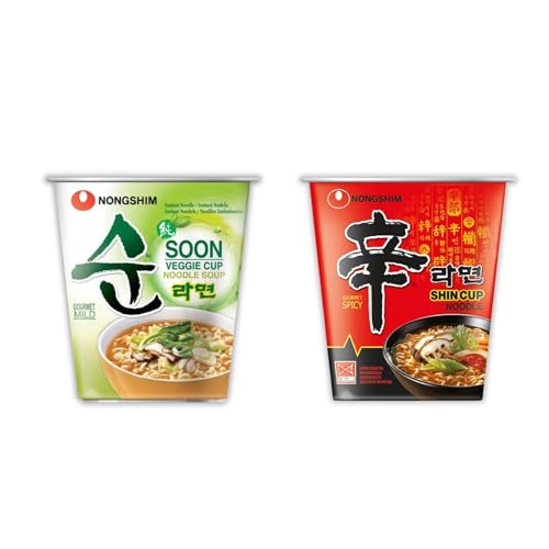 NONGSHIM- Instant Nudeln Cup Kimchi Ramyun, Shin Ramyun und Soon Veggie-Koreanische authentische Cup Suppe-optional mit echten Kimchi (ohne Dongwon Kimchi, Veggie + Scharfe Shin Ramyun) von Asian Box