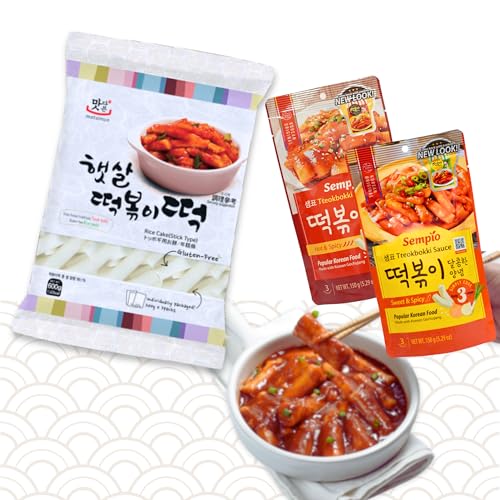 Rice Cake Stick Reiskuchen mit verschiedenen Tteok-bokki/Topokki Soßen aus Südkorea, einfach und schnell zuzubereiten (1x Rice Cake 600g, 1x Topokki Sauce Spicy und 1x Sauce Sweet 150g) von Asian Box