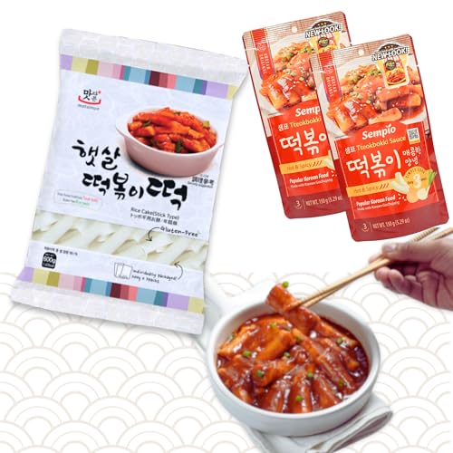 Rice Cake Stick Reiskuchen mit verschiedenen Tteok-bokki/Topokki Soßen aus Südkorea, einfach und schnell zuzubereiten (1x Rice Cake 600g, 2x Topokki Sauce Spicy 150g) von Asian Box